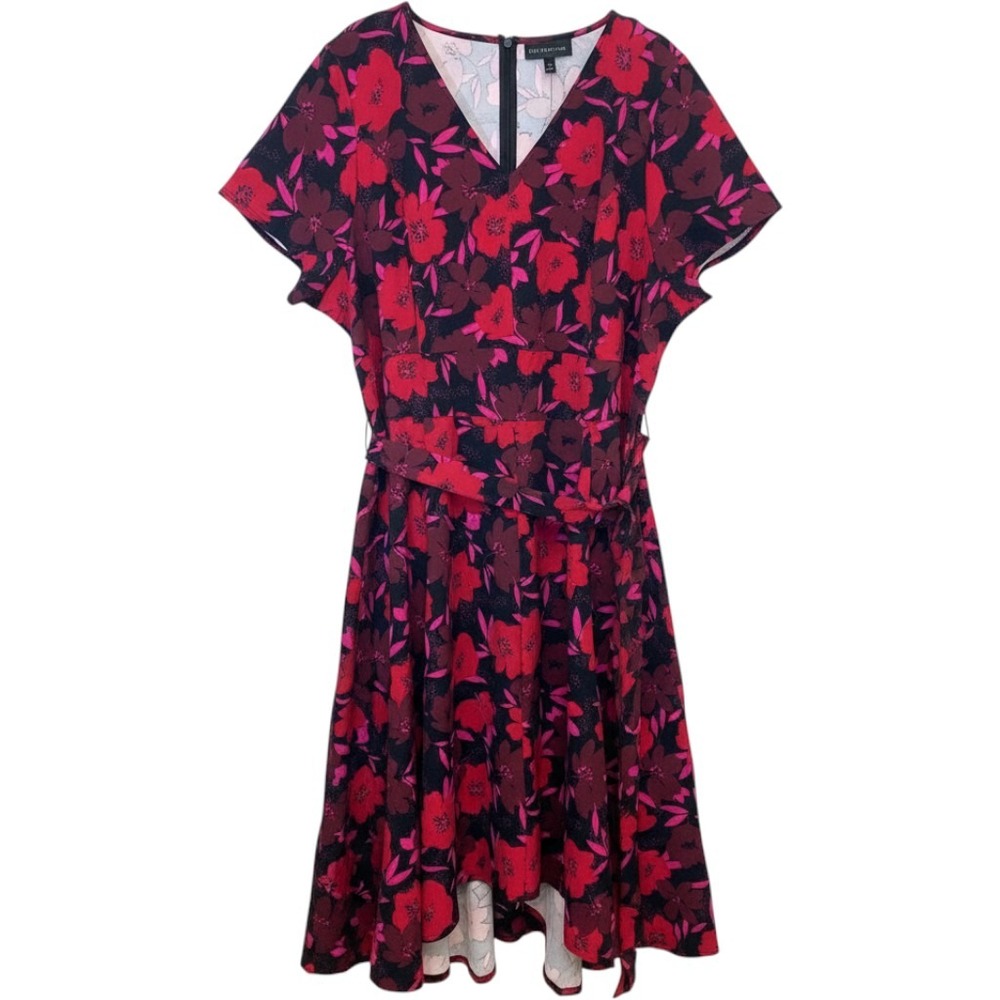 Lane Bryant Floral Fit & Flare Dress Red Pink Handkerchief Hem Size 26 New